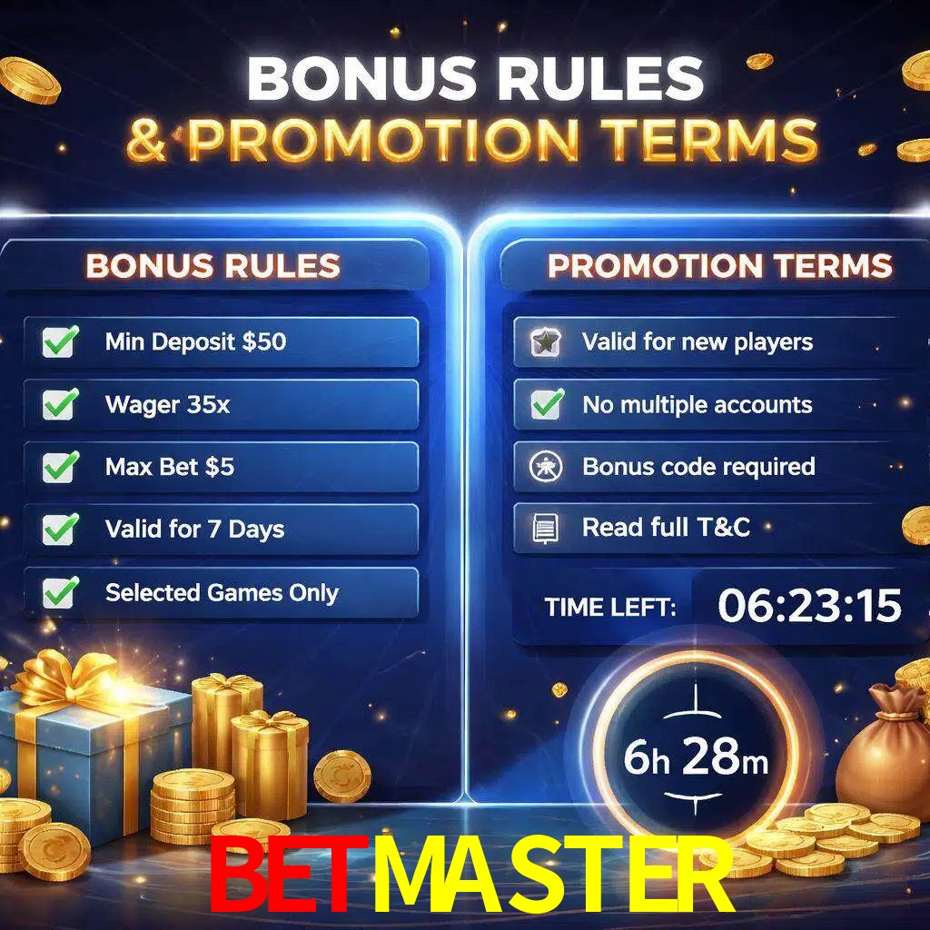 Reglas de promoción BETMASTER y condiciones de bonos explicadas visualmente