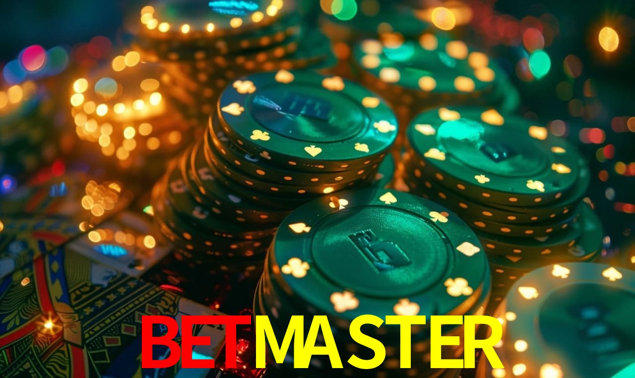 Escena dinámica inspirada en casino con iluminación BETMASTER, cartas, fichas e íconos de juegos digitales en un espacio moderno de juegos.