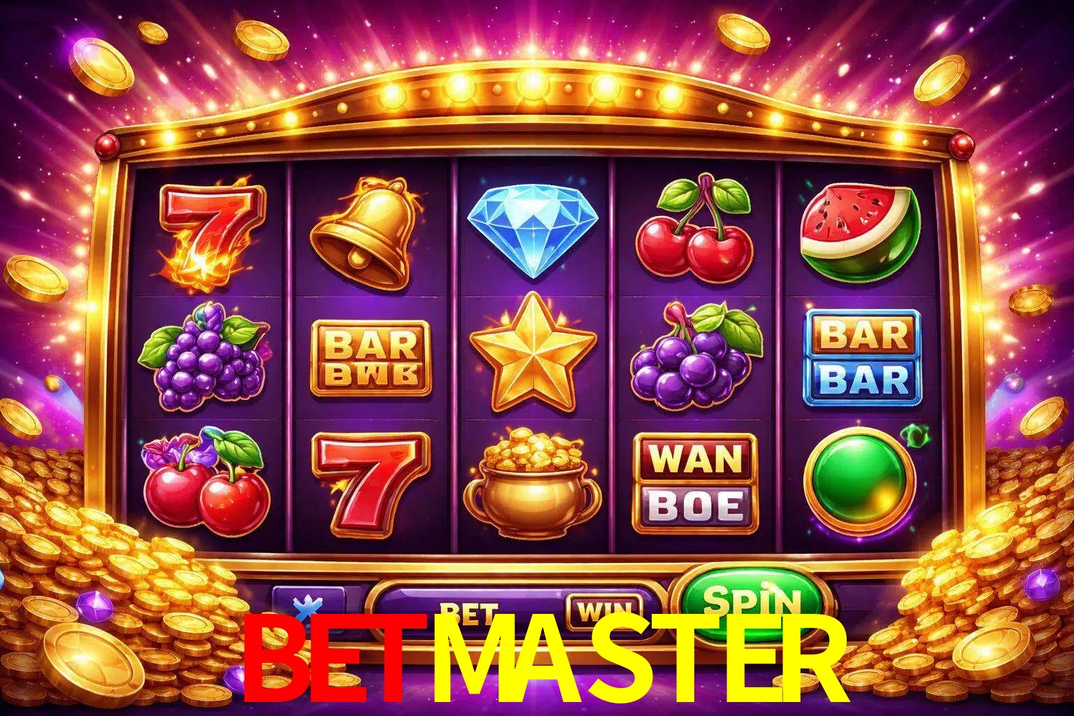 Una interfaz colorida de tragamonedas en línea con símbolos brillantes, monedas y un efecto de victoria celebratoria en BETMASTER.