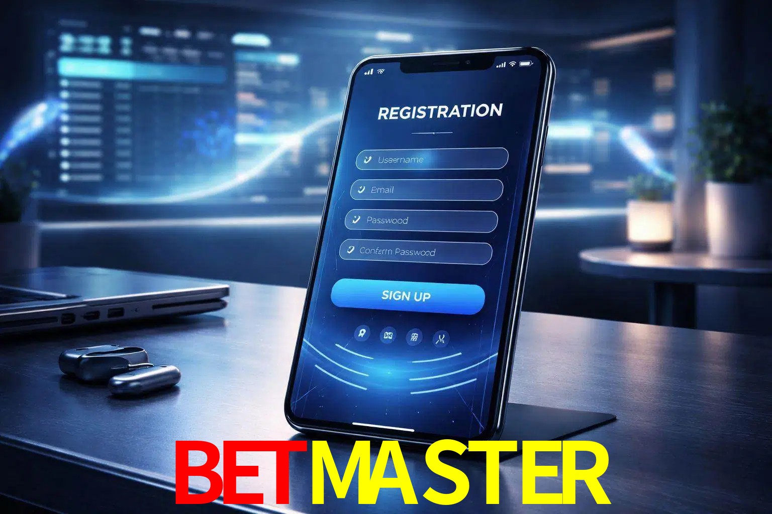 Una interfaz moderna de registro móvil para BETMASTER mostrada en un smartphone con un panel de apuestas elegante.